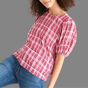 Madewell Plaid Puff-Sleeve Top Size Small